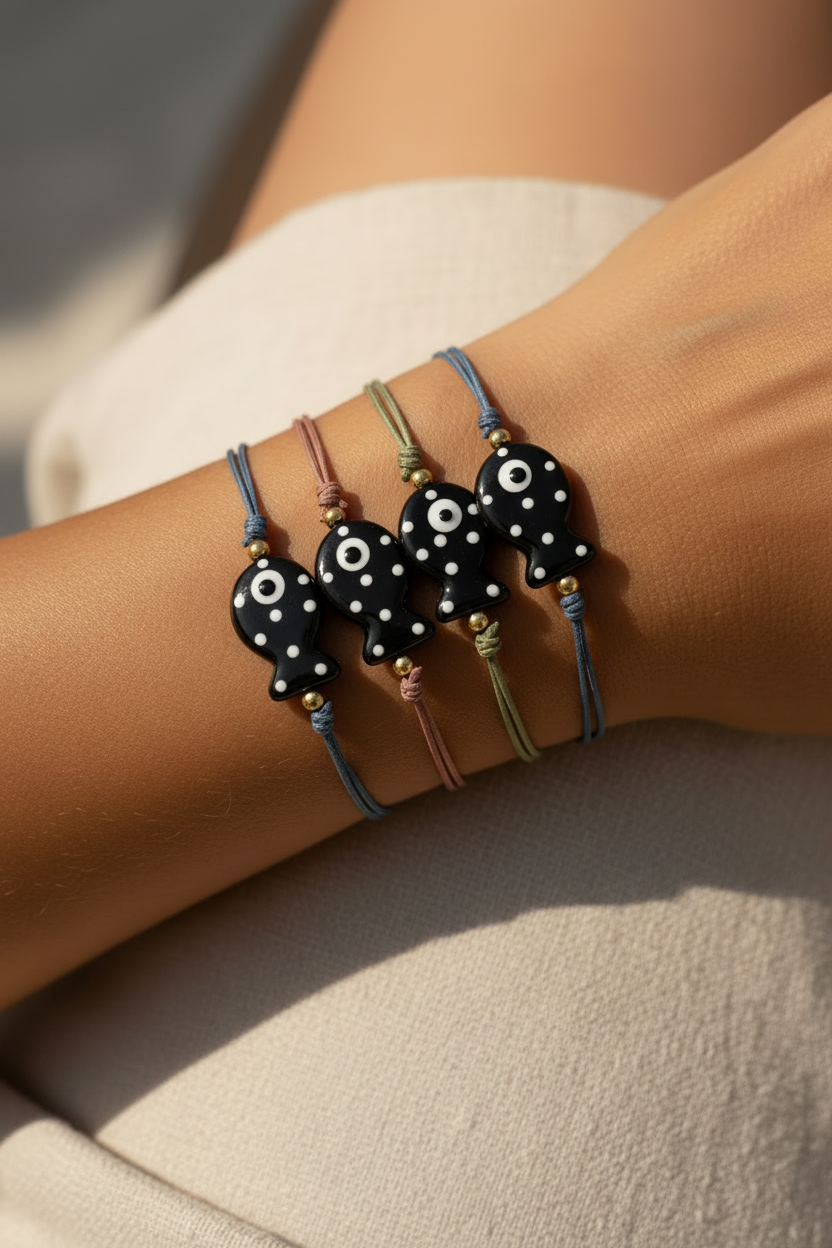 pulsera de verano de goma elástica con pez de cerámica negro con puntos blancos. 