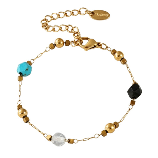 pulsera boho de acero hipoalergenico resistente al agua. tiene piedras naturales rodocrosita, aventurina, espinela y esta bañada en oro. Gold plated stainless steel turquoise and coral bead waterproof bracelet