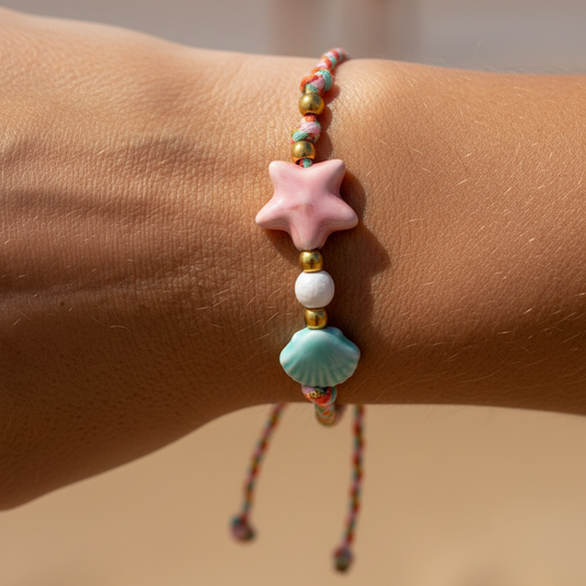 pulsera DE VERANO waterproof o resistente al agua confeccionada con cordón rosa con abalorios de cerámica y acero dorado.  Cierre ajustable, colgante de estrella de mar y concha en color rosa y azul turquesa. Ideal para regalar a mujeres, niñas y adolescentes en vacaciones.