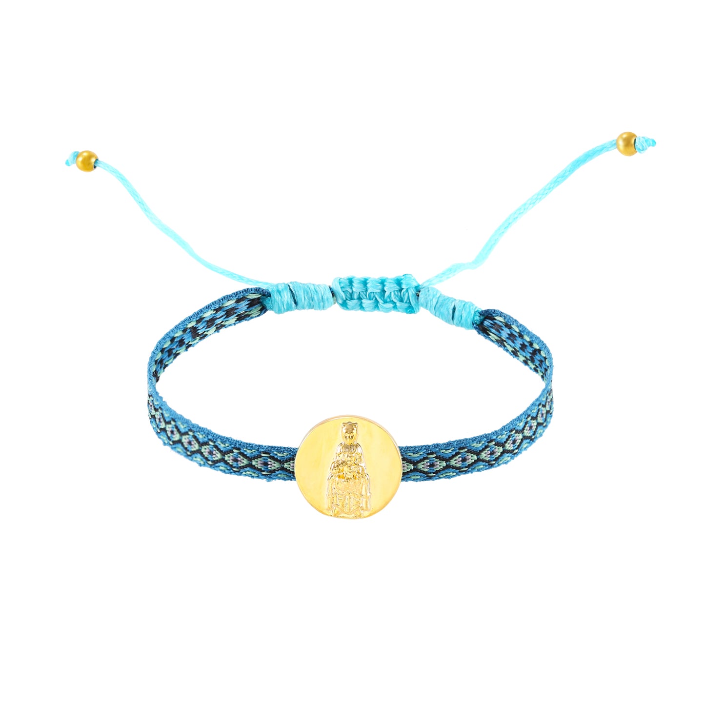 pulsera de cordón ajustable con medalla de la virgen de montserrat en acero hipoalergénico bañado en oro o plata. Es resistente al agua y apta para niños