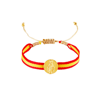 pulsera de cordón ajustable con medalla de la virgen de la milagrosa en acero hipoalergénico bañado en oro o plata. Es resistente al agua y apta para niños