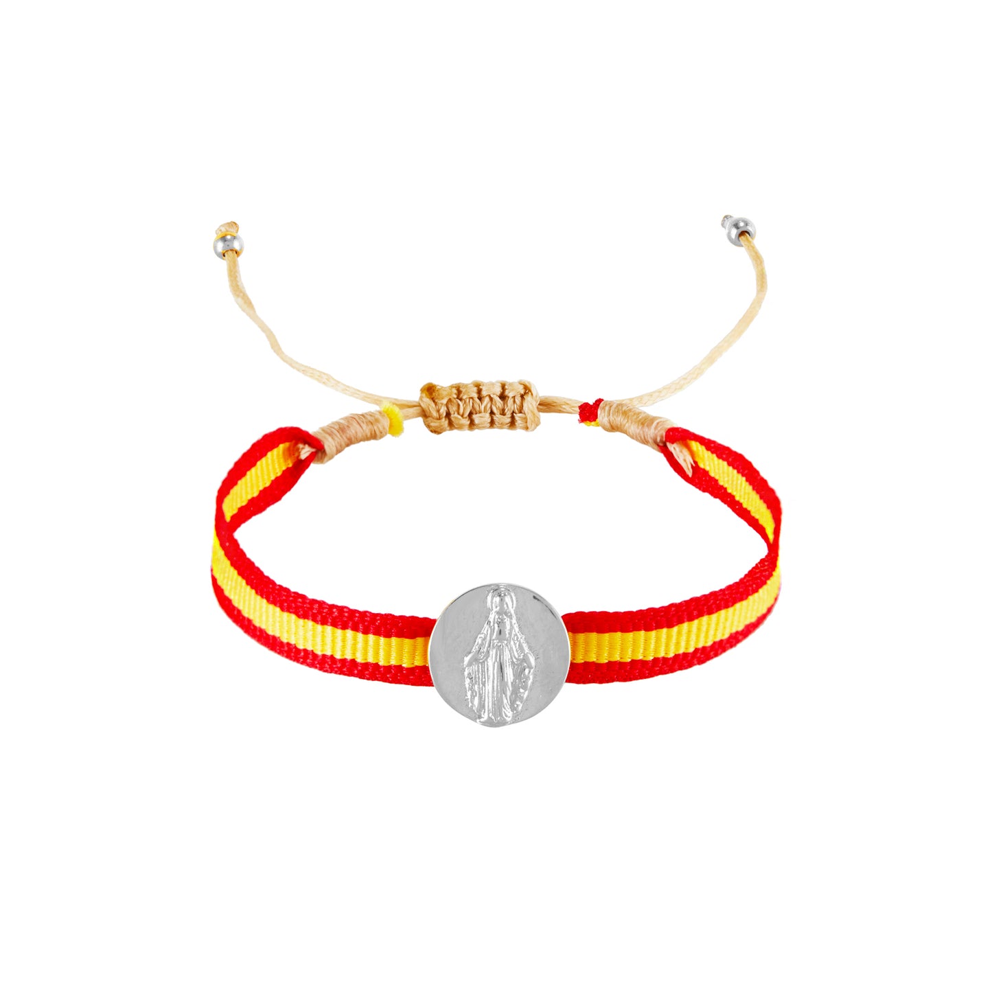 pulsera de cordón ajustable con medalla de la virgen de la milagrosa en acero hipoalergénico bañado en oro o plata. Es resistente al agua y apta para niños