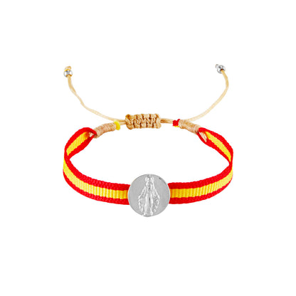 pulsera de cordón ajustable con medalla de la virgen de la milagrosa en acero hipoalergénico bañado en oro o plata. Es resistente al agua y apta para niños