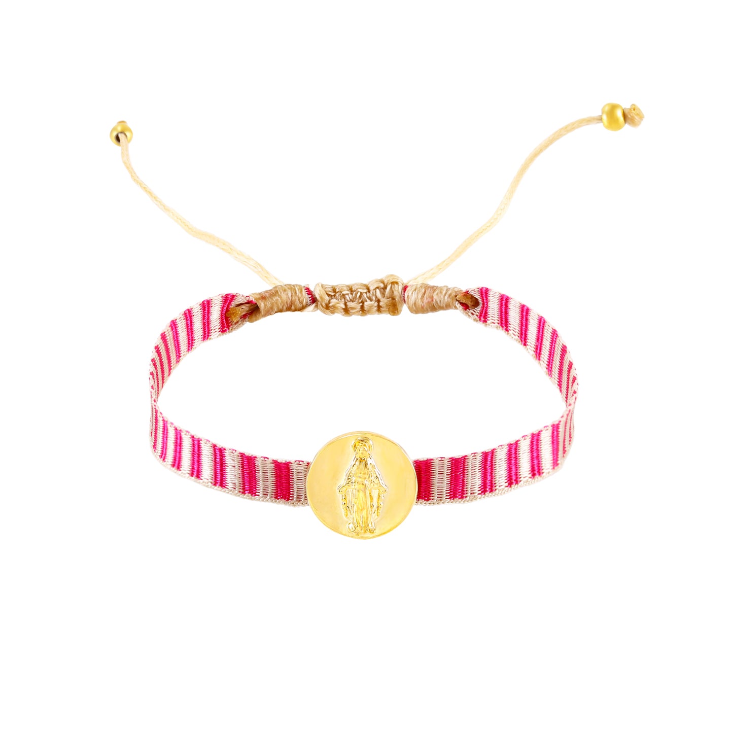 pulsera de cordón ajustable con medalla de la virgen de la milagrosa en acero hipoalergénico bañado en oro o plata. Es resistente al agua y apta para niños