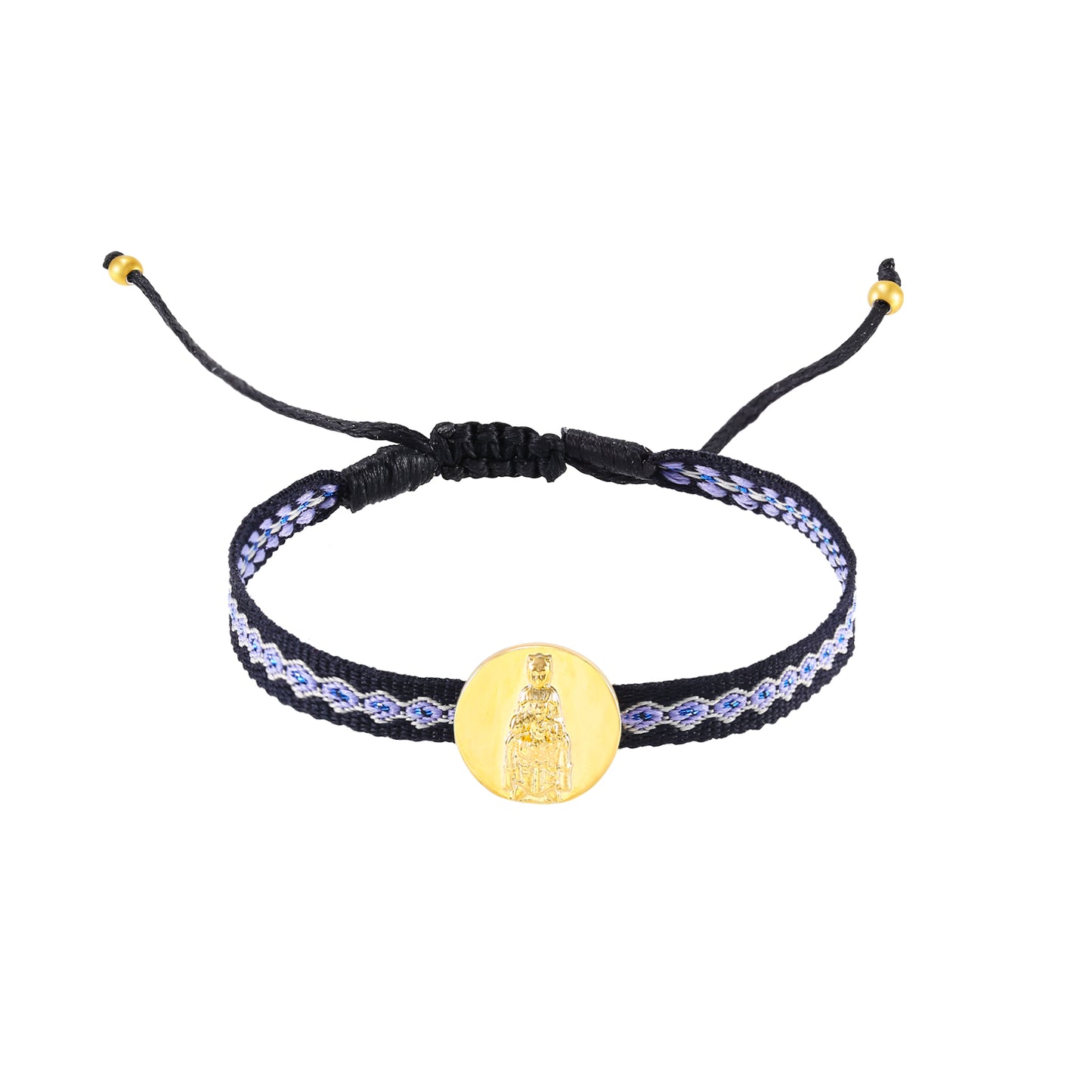 pulsera de cordón ajustable con medalla de la virgen de montserrat en acero hipoalergénico bañado en oro o plata. Es resistente al agua y apta para niños