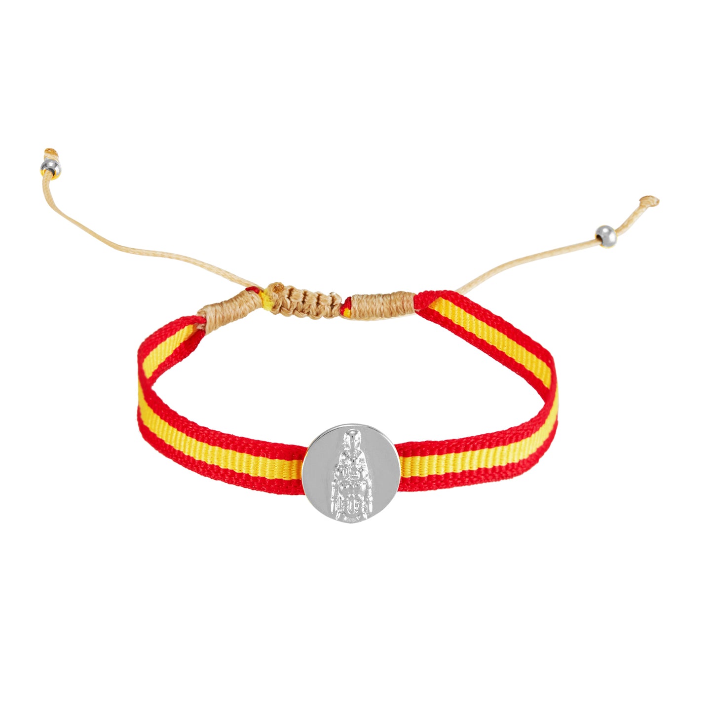 pulsera de cordón ajustable con medalla de la virgen de montserrat en acero hipoalergénico bañado en oro o plata. Es resistente al agua y apta para niños