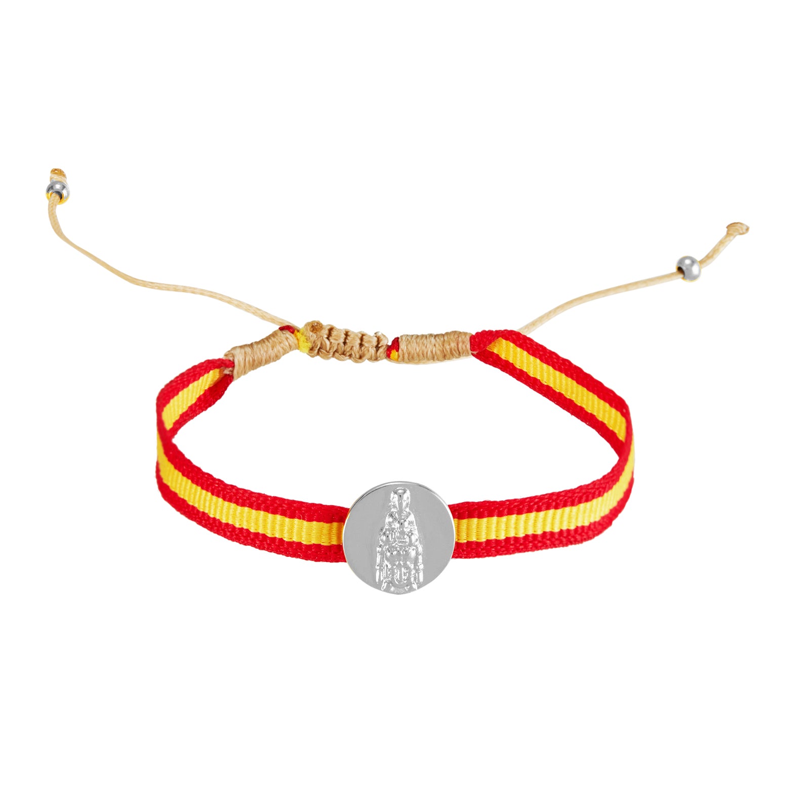 pulsera de cordón ajustable con medalla de la virgen de montserrat en acero hipoalergénico bañado en oro o plata. Es resistente al agua y apta para niños