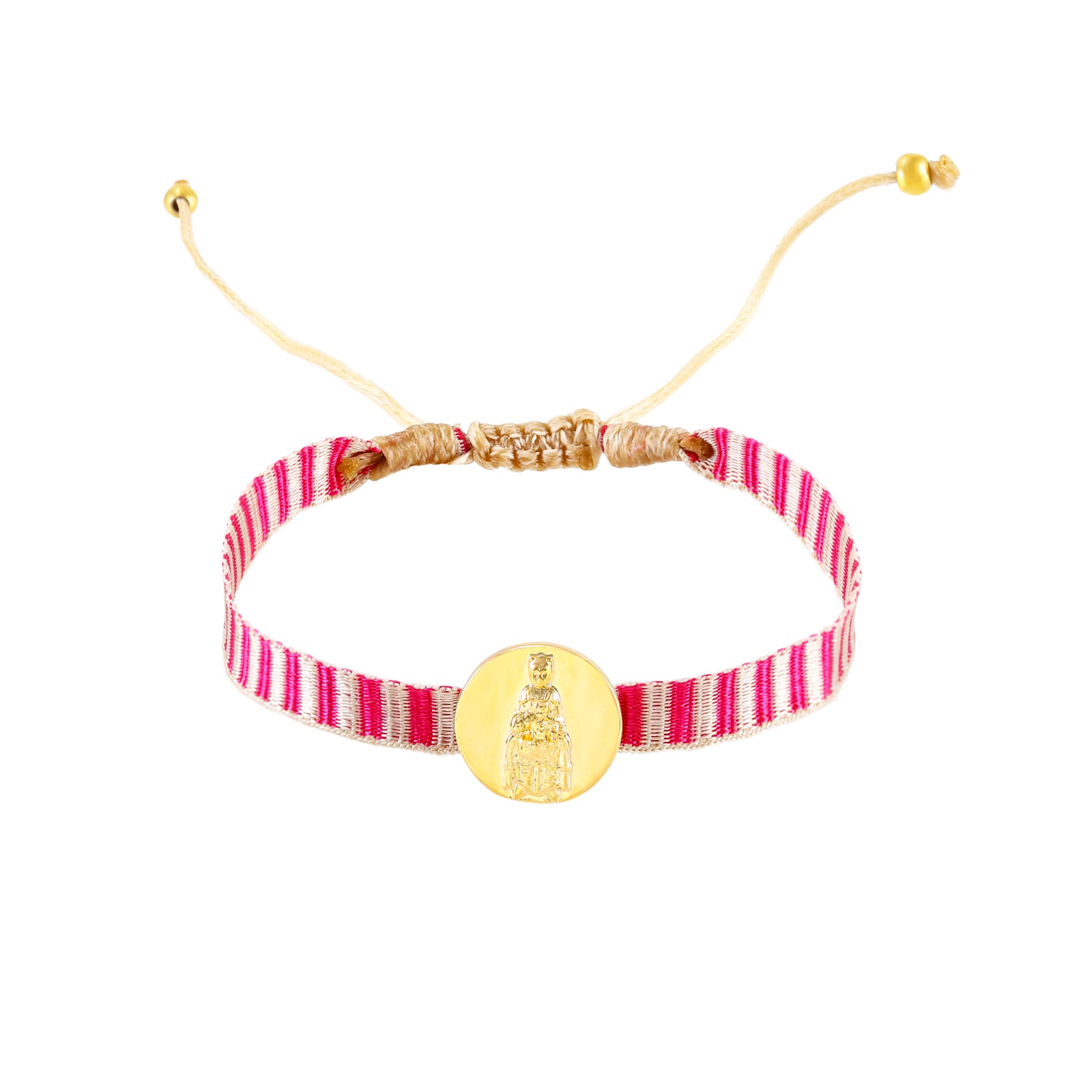 pulsera de cordón ajustable con medalla de la virgen de montserrat en acero hipoalergénico bañado en oro o plata. Es resistente al agua y apta para niños