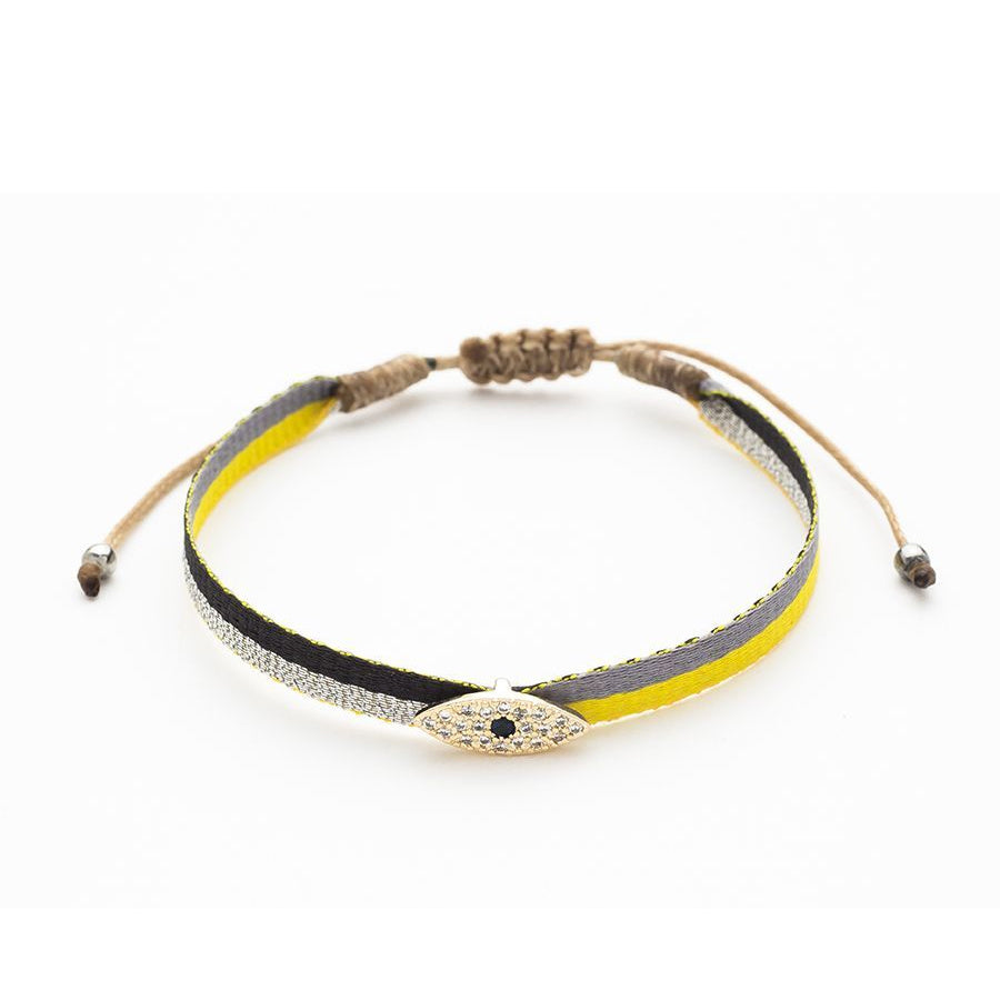 pulsera ajustable de verano con cordón amarillo, gris, plata y negro con el ojo turco