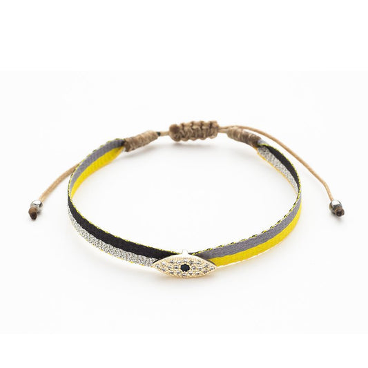 pulsera ajustable de verano con cordón amarillo, gris, plata y negro con el ojo turco