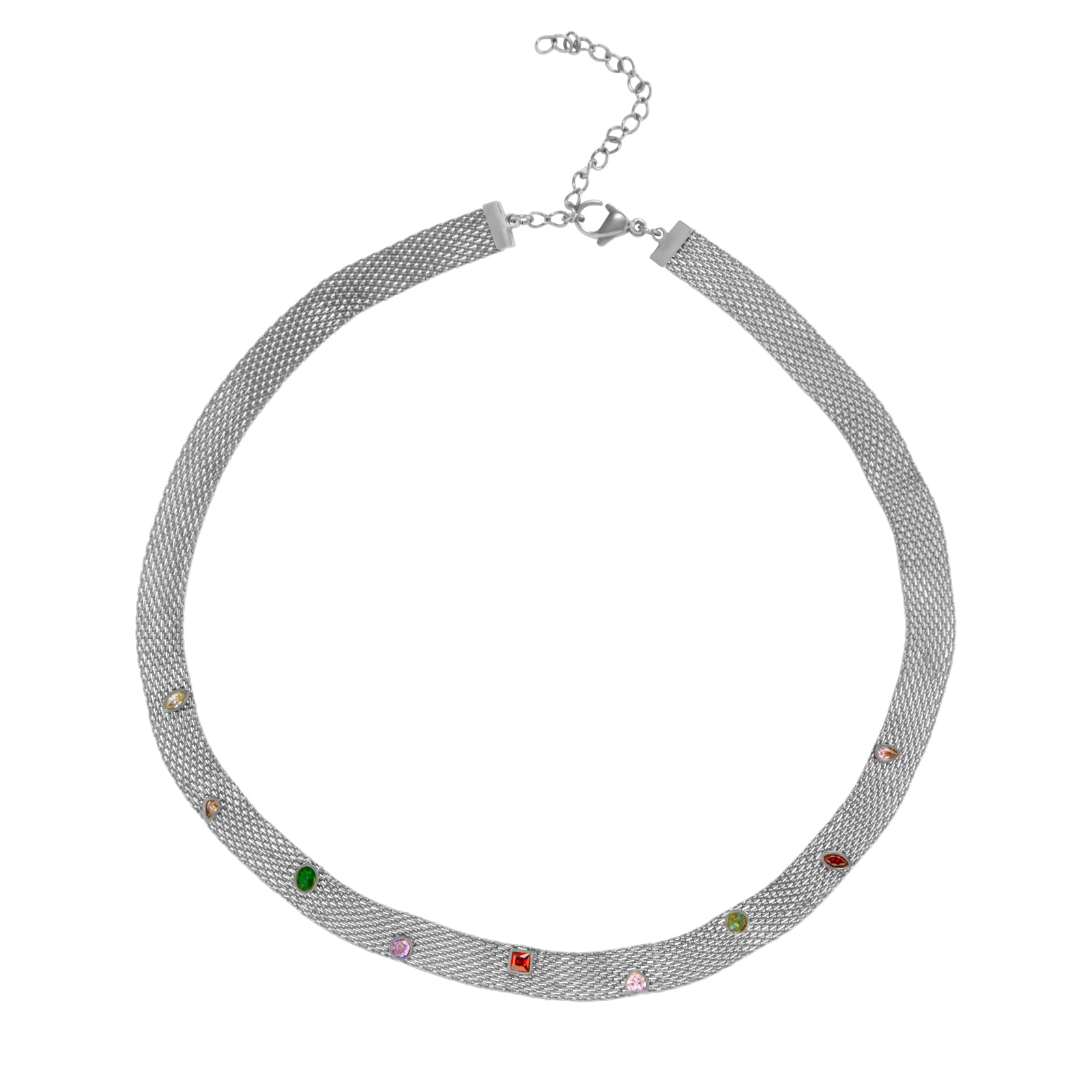 collar o gargantilla tipo chocker bismarck con piedras de colores. Es de acero hipoalergénico y resistente al agua. acabado en dorado y plateado