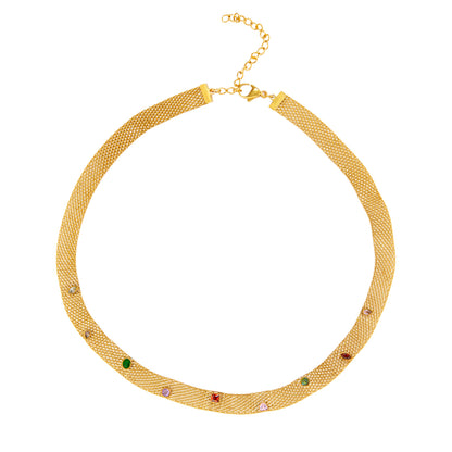 collar o gargantilla tipo chocker bismarck con piedras de colores. Es de acero hipoalergénico y resistente al agua. acabado en dorado y plateado