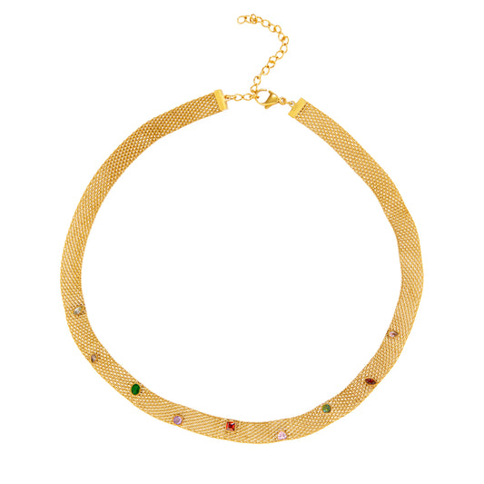 collar o gargantilla tipo chocker bismarck con piedras de colores. Es de acero hipoalergénico y resistente al agua. acabado en dorado y plateado