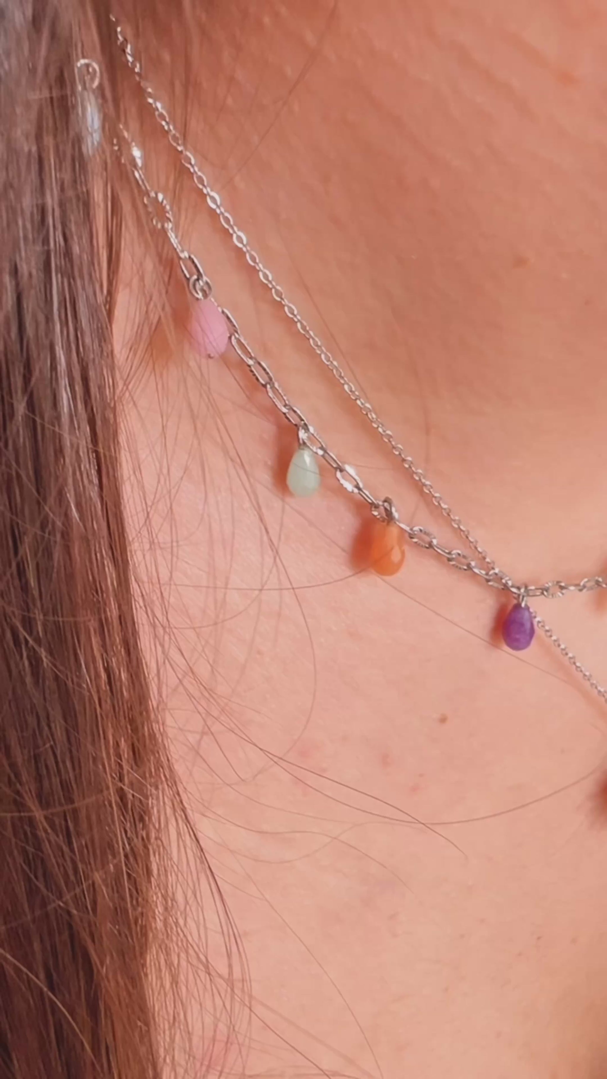 gargantilla fina de eslabones para primavera o verano con piedras mineral natural calcedonia azul, rosa, verde, naranja y amatista morada. es hipoalergénica y resistente al agua. Ideal para regalar. 