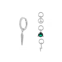 pequeños aros de circonitas para piercing con rayo, brillante verde y simbolo de la paz. estan confeccionados en plata de ley 925. sterling silver peace charm hoop earrings for piercing