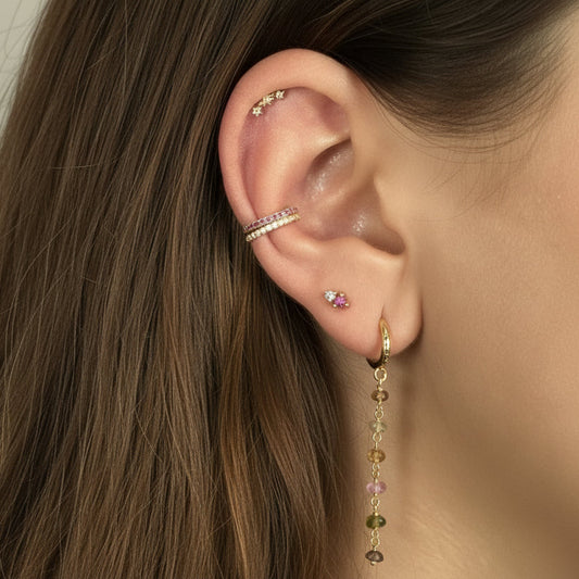 pendientes de aro con cierre fácil para piercing y cadenita colgante de piedra natural turmalina