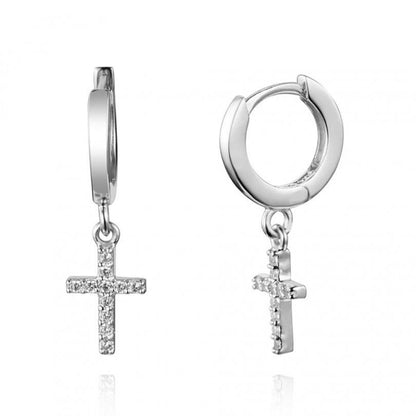 aros pequeños con colgante o charm en forma de cruz con circonitas y confeccionados en plata de ley y baño de oro 18 kilates