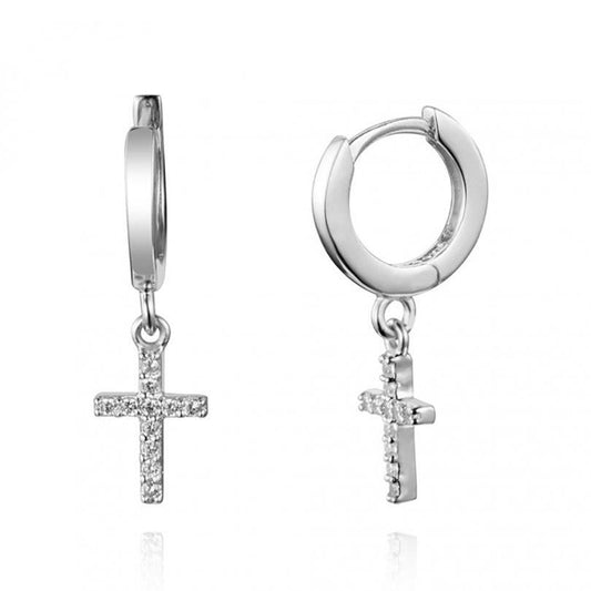 aros pequeños con colgante o charm en forma de cruz con circonitas y confeccionados en plata de ley y baño de oro 18 kilates