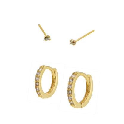 combinación de pendientes de aro para piercing en plata de ley con baño de oro 18 kialtes y circonitas