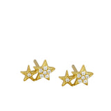 mini pendientes pequeños para piercing de doble estrella con circonitas confeccionados en plata de ley 925 con baño de oro 18 kilates y se venden sueltos o por unidad