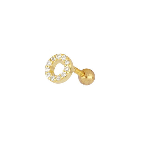 piercing anti alergia con cierre de bola trasera para cartílago como helix, tragus, daith, conch o rook. Está confeccionado en plata de ley con baño de oro 18 kilates y circonitas. Gold plated sterling silver zircon cartilage piercing