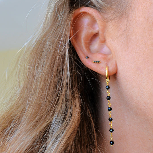pendientes de aro con cierre fácil para piercing y cadenita colgante de piedra natural espinela negra